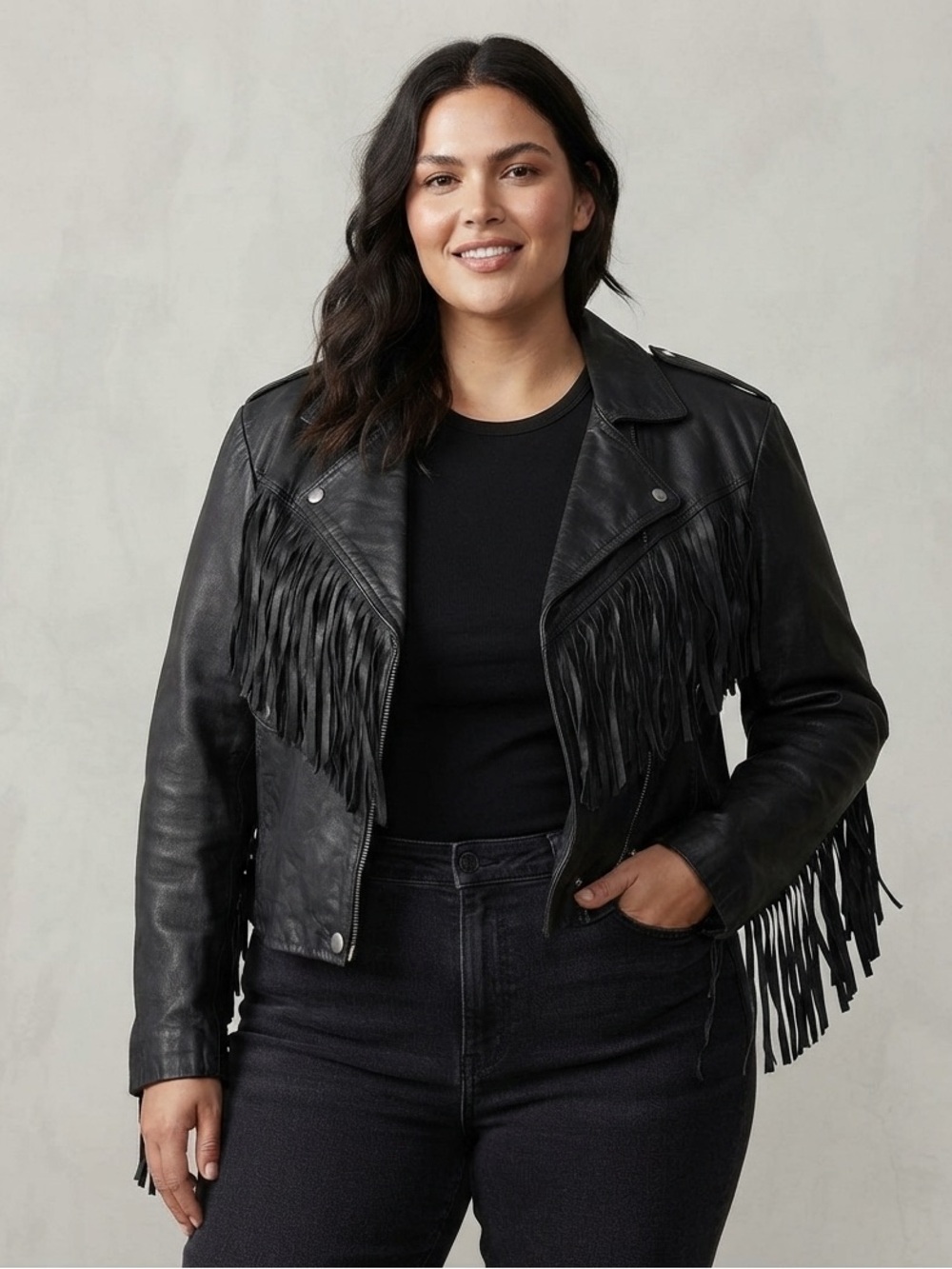 CHIA 3M Thinsulate Black Leather Fringe Moto Jacket